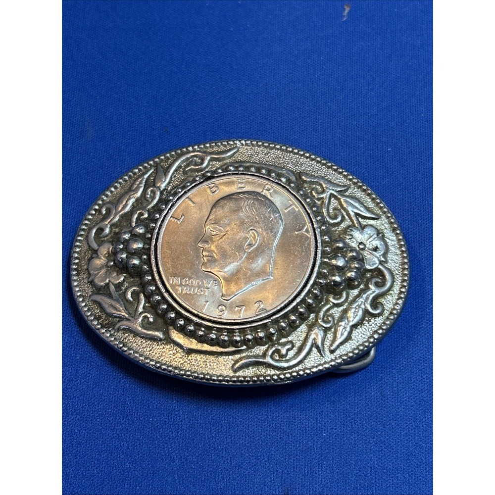 Western Belt Buckle 1972 Eisenhower Dollar Coin 3.50" X 2.50" Up to 2" Belt